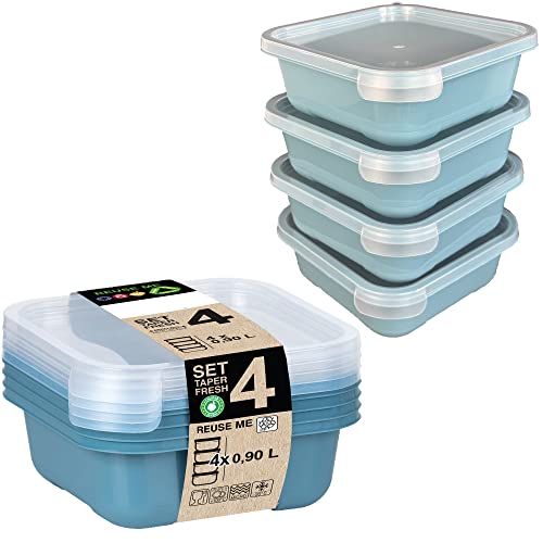 ActivoTex Tuppers hermeticos de plastico - Pack de Tapers grandes para alimentos 0,9L x 4 uds Azul - Tupers con tapa Envases fiambrera sin BPA - Tappers reutilizables - Durarero y Seguro