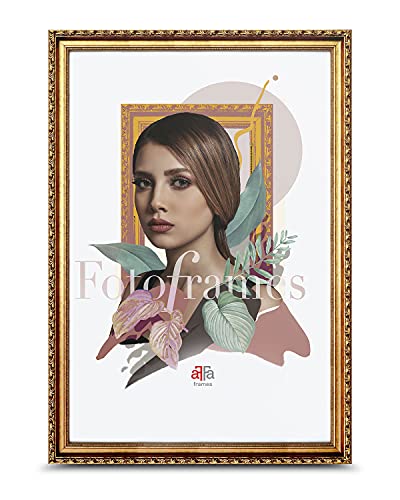 aFFa frames, Goldi, Marco de Fotos de Madera, Ornamental, Ligero, Vintage, Rectángulo, Con Frente de Vidrio Acrílico, Dorado, 30 x 40 cm