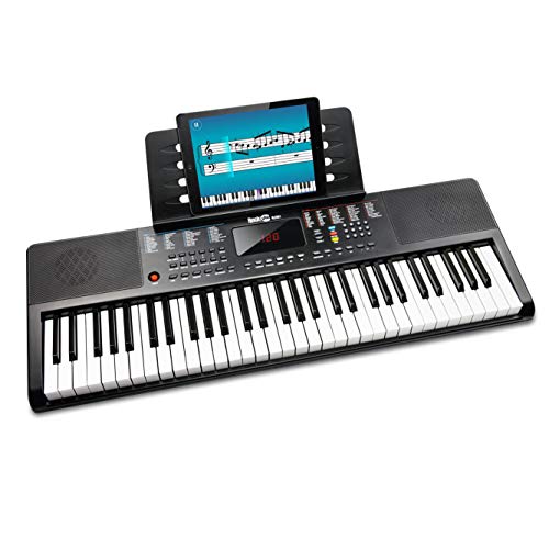 RockJam Teclado compacto de 61 teclas con soporte para partituras, fuente de alimentación, pegatinas para notas de piano y lecciones sencillas de piano, color negro