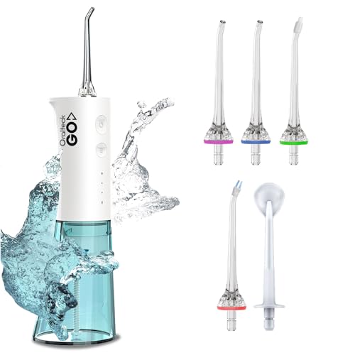Oralteck GO - Irrigador bucal profesional con 5 modos, 5 boquillas, tanque de agua de 250 ml, recargable por USB y bolsa de viaje incluida (BlancoGO)