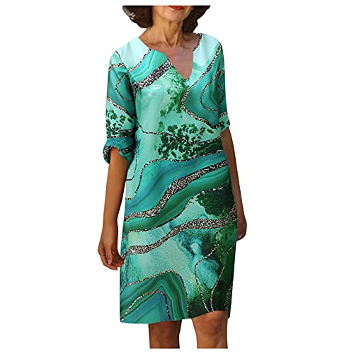 Lalaluka Vestido de mujer bohemio, largo hasta la rodilla, elegante 3/4, cuello de pico, vintage, estampado floral, vestido de ocio, vestido de lino verde XL