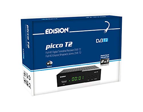 EDISION Picco T2 Full HD TDT Receptor H264 FTA, DVB-T2, USB, HDMI, SCART, USB WiFi Support, Mando a Distancia universal IR 2en1, Negro