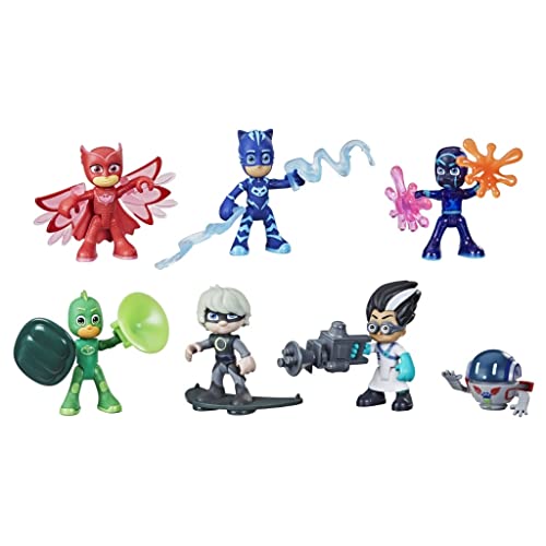PJ Masks Set de Figuras de héroes y Villanos niños en Edad Preescolar, 7 Figuras de acción con 10 Accesorios, a Partir de 3 años