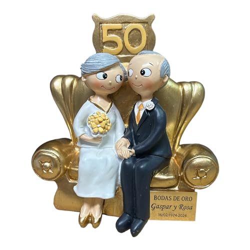 Figura 50 Aniversario con Placa grabada con Nombres y Fecha - Figura con Placa Conmemorativa - Regalo para Bodas de Oro Personalizado