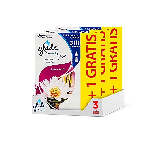 Un Toque by Glade® Fragancia Relax Zen. Elimina los malos olores, Hasta 10 veces más frescor - Pack de 3 x 3 Recambios de 10 ml
