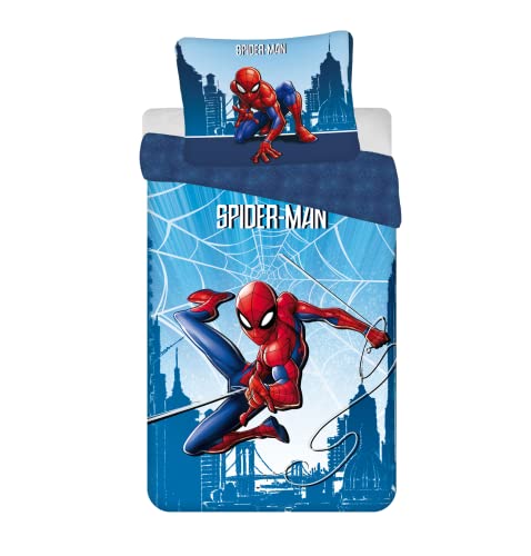 Jerry Fabrics Juego de ropa de cama infantil reversible con diseño de Spider-Man City, color azul, funda nórdica de 140 x 200 cm, funda de almohada de 70 x 90 cm, 100% algodón, 23BS233