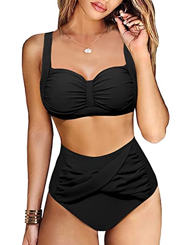 Vancavoo Mujer Bikinis Reductor Conjuntos de Traje de Baño con Braga de Cintura Alta Bikini Top con Relleno Baño de Playa 2 Piezas Sujetador de Plisado Bañadores de Natacion(Negro,S)