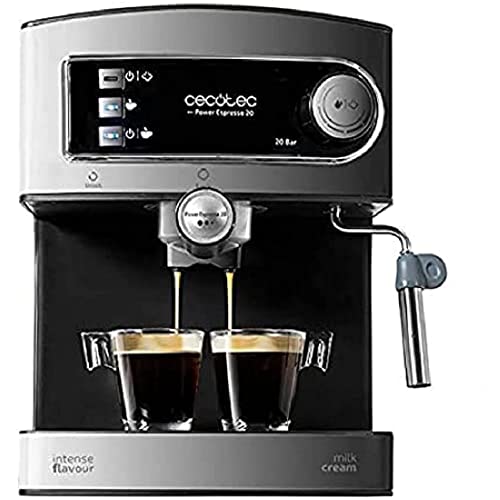 Cecotec Cafetera Express Manual Power Espresso 20. 850 W, Presión 20 Bares, Depósito de 1,5L, Brazo Doble Salida, Vaporizador, Superficie Calientatazas, Acabados en Acero Inoxidable