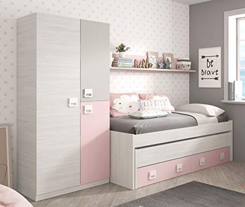 Miroytengo Pack Dormitorio Infantil Juvenil Cama Nido con Estante y Armario Color Rosa y Blanco sin somieres