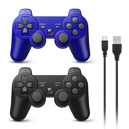 Powerextra Mando Inalámbrico para PS3, 2 Pack Wireless Bluetooth Six-Axis Playstation 3 Gamepad Joystick Controlador con Doble Vibración Recargable Controller con Cable para PS-3(Negro&Azul)