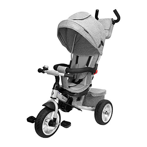 HyperMotion Triciclo para niños con asa de control para padres, Tobi Spiner, con cinturones de seguridad, cómodo sillín, ruedas inflables, primera bicicleta para niños y niñas, gris