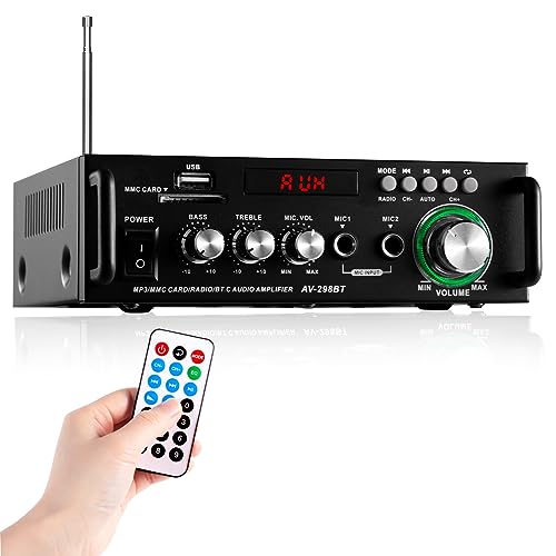 SOBATTY Audio AV 298BT Bluetooth 5.0 Receptor de Amplificador Audio HiFi estéreo de 2 Canales, BT FM Radio Portátil Auto Home 12 V/220V, 600W RMS 30W x 2 con Mando a Distancia Audio Amplificador