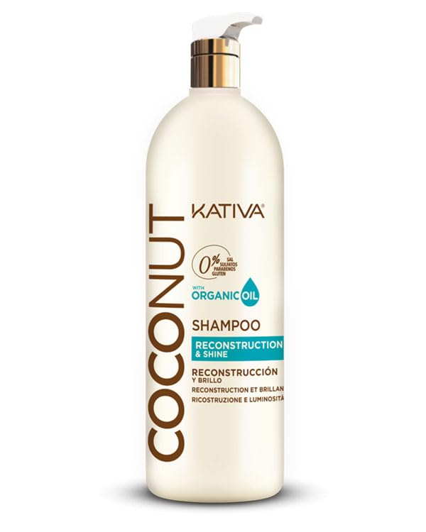 Kativa Coconut Champú 550 ml| Champú Sin Sulfatos ni Parabenos | Reconstrucción, Brillo e Hidratación | Cabello muy Dañado, Sensibilizado, Seco | Aceite de Coco Orgánico