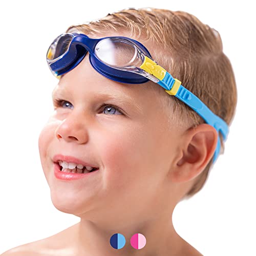 Limmys Antivaho Gafas de Natación para Niños de 3 a 12 años – con Correa Ajustable, Puente Nasal Flexible y Protección UV – Niña con Funda (Azul)