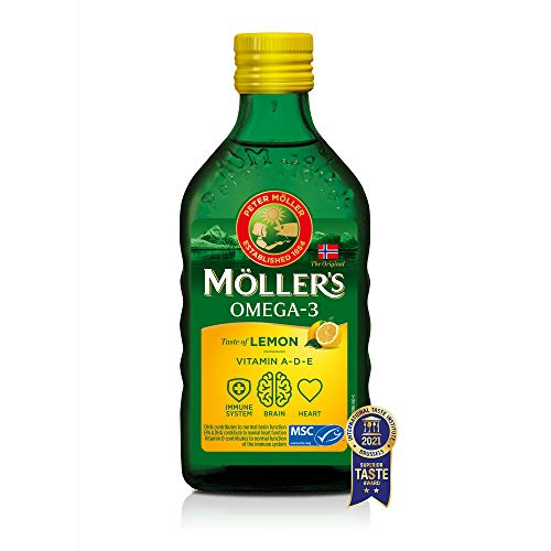 Moller’s ® | Aceite de hígado de bacalao con omega 3 | Complemento dietético con omega-3 EPA, DHA y vitaminas A, D y E | Aceite de hígado de bacalao | Sabor Limón | 250 ml