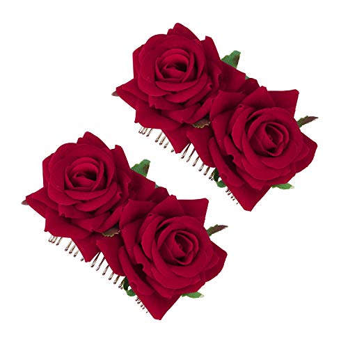 MaoXinTek Clips de Pelo de Flor Horquillas con Rosas Accesorios de Mujeres para Boda Fiesta Bailaora de Flamenco, Pinzas de Pelo Tocado de Novia Pin de Flores Broche 2 Piezas (Rojo)