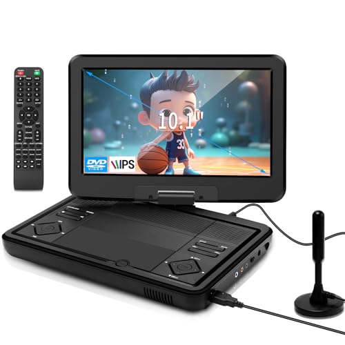KCR Reproductor de DVD portátil de 10.1 pulgadas con TV DVB-T2 integrada con pantalla LED giratoria y/USB/HDMI/AV, batería recargable y altavoces estéreo duales, televisor pequeño para niños y viajes