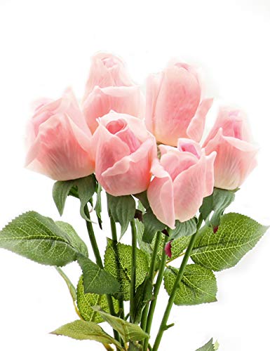 CCUCKY 6 Piezas Artificial Rosa, Flores de Seda de Tacto Real con Hojas Verdes, Bodas, Aniversario, Hogar, Oficina, Becoración, Bricolaje (Rosa)