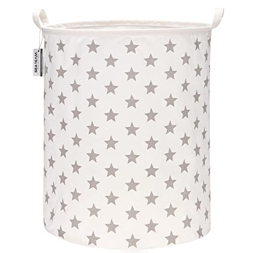 Sea Team - Cesta de almacenamiento de lona de arpillera cilíndrica de 19,7 pulgadas con revestimiento impermeable de gran tamaño, tela de algodón de ramio, plegable, con diseño de estrellas grises