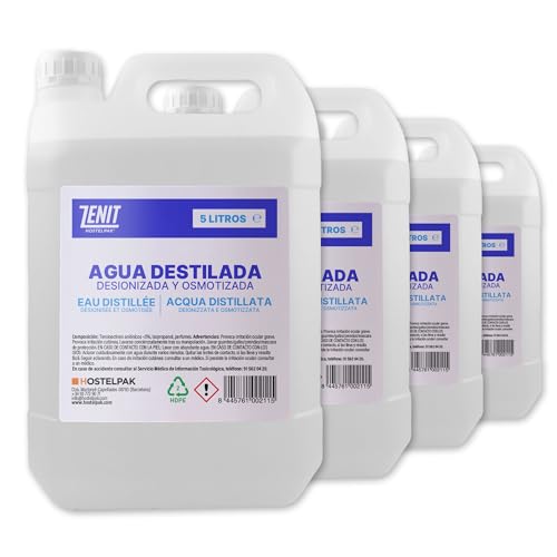 Hostelpak - Agua Destilada Desionizada y Osmotizada | Cuidado Textil Profesional | Pureza Excepcional | Ideal para Lavandería, 5L (Paquete de 4)