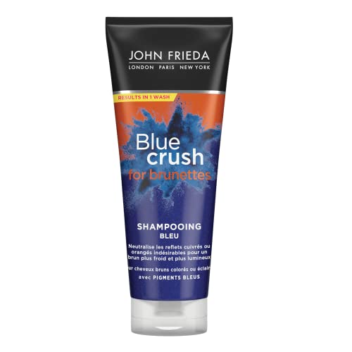 John Frieda Blue Crush Intensive Blue Shampoo 250 ml, champú tonificante para cabello castaño, champú antilatón para morenas con pigmentos azules aplastados
