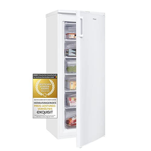 Exquisit Congelador Vertical GS235-HE-040E blanco | 160 L de capacidad neta | Display digital | Dimensiones 142 x 55 cm | Cajón XL