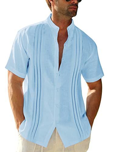 Camisa de guayabera de manga corta para hombre algodón lino cuello alto camisa de playa camisa de verano a rayas, azul celeste, M
