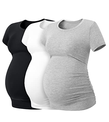 LAPASA Camiseta de Manga Corta para Premamá T-Shirt Embarazada Maternidad (Pack de 3) L55 L 1 Negro, 1 Gris Jaspeado, 1 Blanco