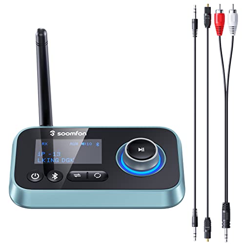 SOOMFON Transmisor Receptor Bluetooth 5.0-3 En 1 Adaptador Emisor Bluetooth Audio con Pantalla LCD para TV, Estéreo, Auriculares, Altavoces, Receptor Bluetooth Audio con Aux 3,5mm, RCA, Cable Óptico
