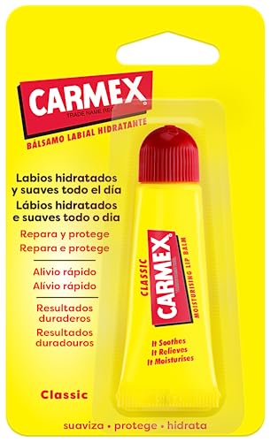 Carmex Bálsamo Labial, Tubo Clásico, 10g. Hidrata, protege, repara, calma y suaviza los labios.