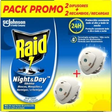 Raid ® Night & Day - Pack 2 Aparato electrico anti moscas, mosquitos común y tigre, y hormigas. Enchufe inoloro con más de 200 horas de protección. Incluye 2 Difusor y 2 Recambio