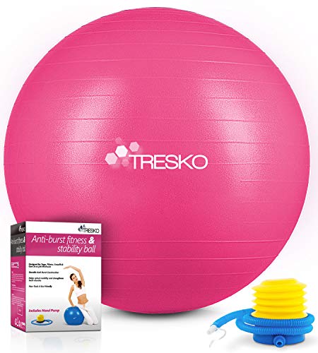 TRESKO® Pelota de Gimnasia Anti-Reventones | Bola de Yoga Pilates y Ejercicio | Balón para Sentarse | Balon de Ejercicio para Fitness | 300 kg | con Bomba de Aire | Rosa | 65cm