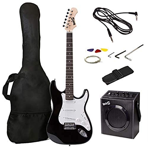 RockJam Superkit de guitarra eléctrica de tamaño completo RJ20WAR2 con amplificador de guitarra, cuerdas, afinador de guitarra, correa de guitarra, funda y cable, color negro