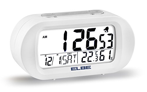 Elbe RD-009-B Reloj despertador con termómetro, adecuado para viajar, display LCD 3,1'', función snooze, display iluminado, temperatura y humedad, color blanco