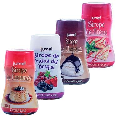 Pack de 4 unidades de Sirope JUMEL sin gluten multisabor fresa, caramelo, frutos rojos y chocolate. Formato antigoteo en botellas de 275g.