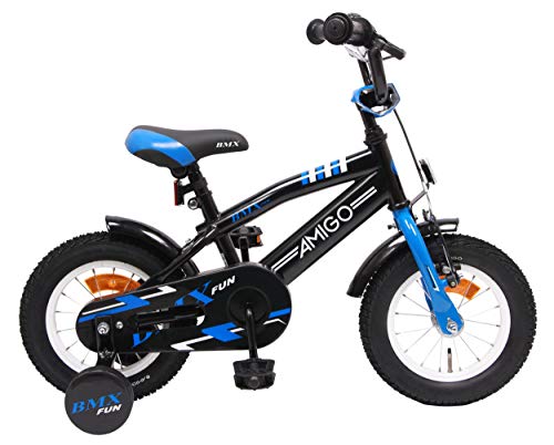 Amigo BMX Fun - Bicicleta Infantil de 12 Pulgadas - para niños de 3 a 4 años - con V-Brake, Freno de Retroceso, Timbre y ruedines - Negro/Azul