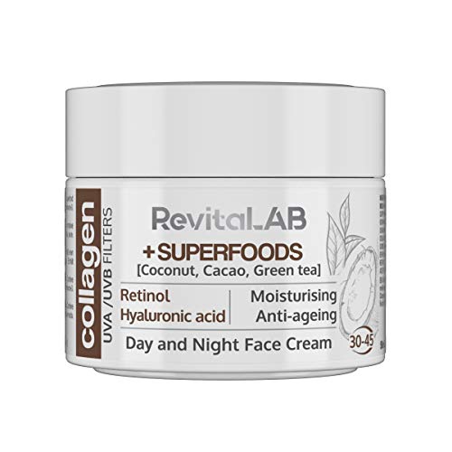RevitaLAB Day and Night Collagen Anti-Aging Moisturiser Enriched with Hyaluronic Acid, Superfoods, Vitamins and a UVA/UVB Filter for Ages 30 – 45, 50 ml