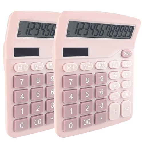 Diompirux 2 Pieza Calculadora Básica con Pantalla LCD de 12 Dígitos, Doble Potencia (Solar y batería), Calculadora de Escritorio con Botón Sensible, para Oficina, Escuela, hogar, Rosa