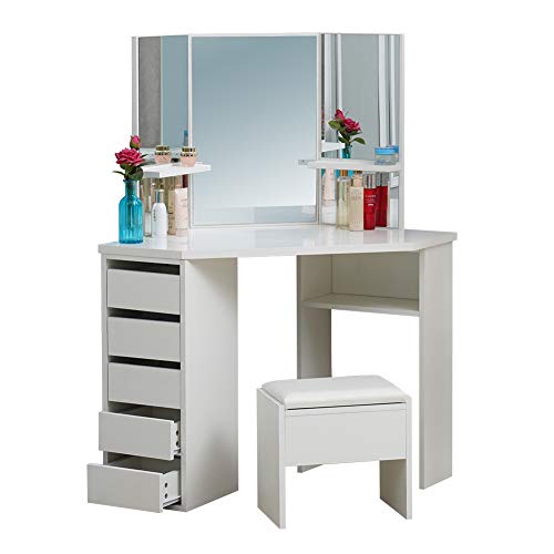OFCASA Tocador blanco con 3 espejos mesa de maquillaje con espejo y 1 taburete 5 cajones 3 estantes tocador de maquillaje esquinero 114 x 61 x 140 cm