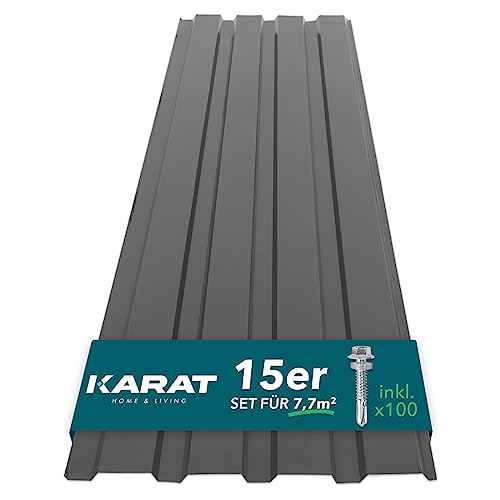 KARAT - 15 láminas trapezoidales de 115 x 45 cm - Juego de chapa perfilada con tornillos - 7,7 m² - Grosor 0,25 mm - Placas de techo de chapa de acero para revestimiento de pared (gris)