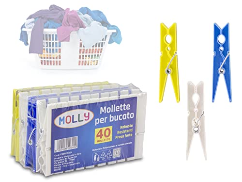 Molly Pinzas Ropa 40 Piezas - Pinzas Ropa Plastico Amarillo, Blanco, Azul