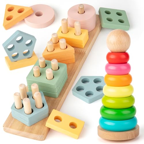 EFO SHM Montessori juguete para bebé, torre de apilamiento de madera y rompecabezas juguete de motor, juguete para bebé, 1, 2, 3 años