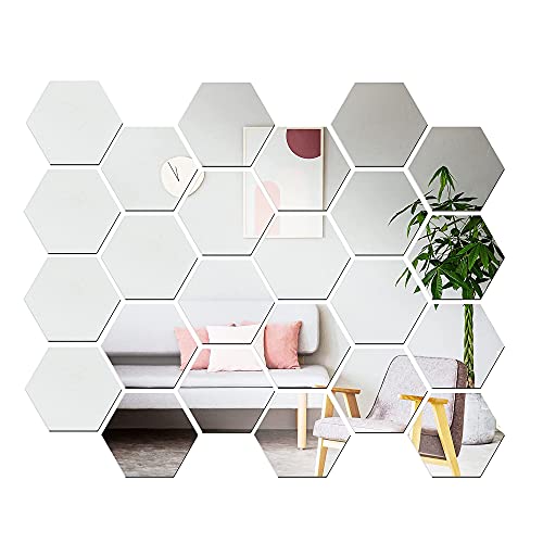 ZEACCT 24 Piezas Pegatinas de Pared Espejo Hexagonal,Acrílico Adhesivo 3D Decorativo De Bricolaje Espejo para La DecoracióN de La Pared Sala de Estar Dormitorio Familiar,Sofá,Oficina(Plata)