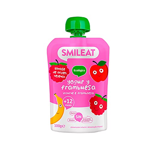 Smileat - Pouch Ecológico de Yogur y Frambuesa, Ingredientes Naturales Bebibles, Para Bebés a Partir de los 12 Meses - 100g
