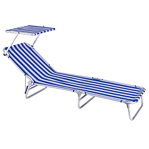 LOLAhome Tumbona Playa con Parasol, reclinable de 3 Posiciones Convertible en Cama Azul y Blanco de Aluminio y textileno de 190x58x25 cm
