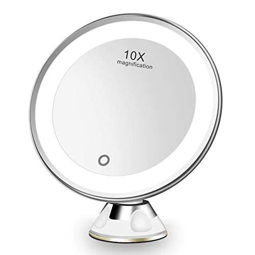 Espejo Maquillaje con Luz LED Aumento 10X Afeitado Espejo, Espejo de Baño, Espejo de Aumento de Pared con Poderoso Ventosa, Espejo de Vanidad Rotación 360°, Carga con USB o Batería (Blanco)