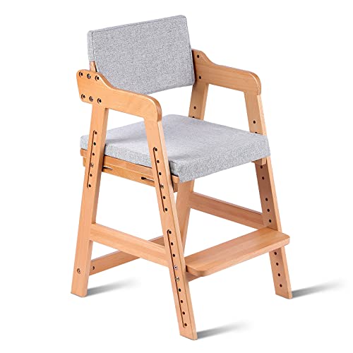 Ezebaby Trona de madera de haya para niños, silla de profesor de 6 niveles de altura regulable, estable y segura hasta 90 kg para niños y adultos (Color madera con cojín)