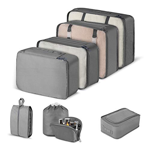 CISHANJIA Packing Cubes, 8 Set Travel Organizer Acessories with Laundry Bag & Shoe Bag (Grey)