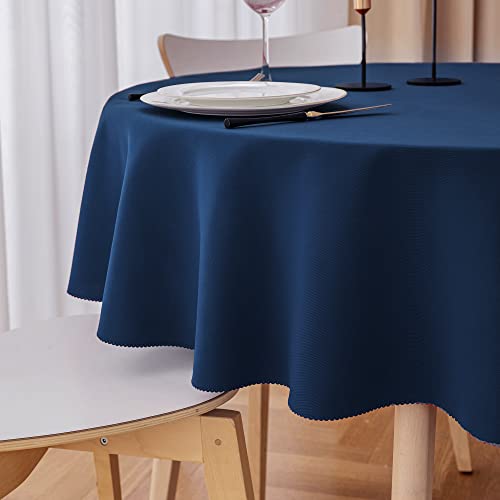 Yeahshion Mantel Redondo Antimanchas Azul Oscuro Φ120cm, Mantel Impermeable de Poliéster con Pequeño Borde Ondulado para Mesa, Comedor, Restaurante