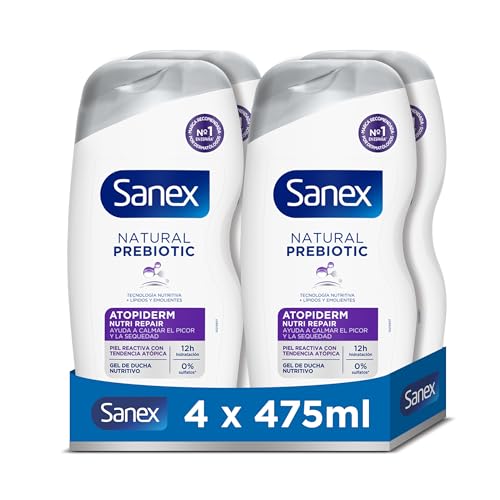 Sanex Natural Prebiotic Atopiderm Gel de Ducha, Pack 4 Uds x 475ml, Gel de Baño con Prebiótico Natural de Bio Agave, 12H de Hidratación, 92% de Origen Natural*, Sin Sulfatos SLS**